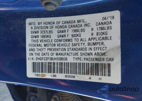 2018 Honda Civic Lx из США, поврежденный, VIN 2HGFC2F58JH558936